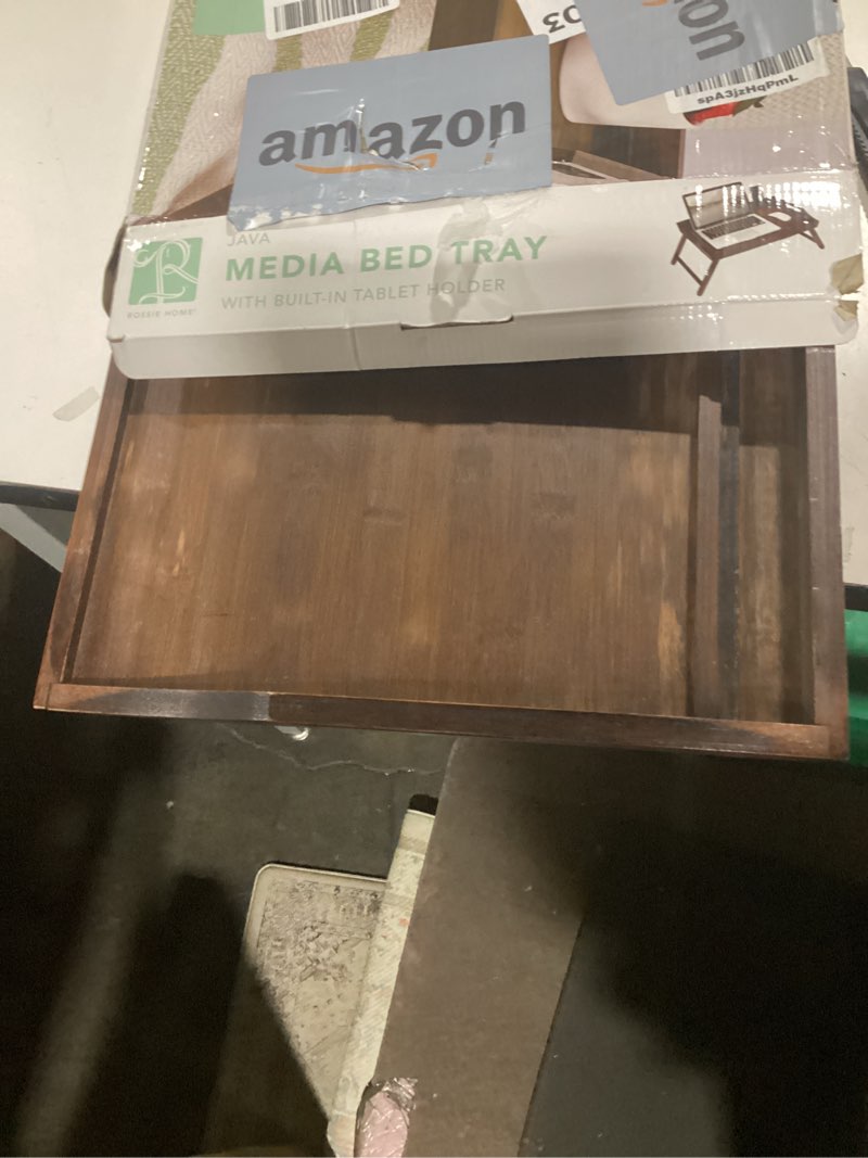 Condition photo showing As Is for rossie home large bamboo wood bed tray, lap tray, lap desk with phone holder - fits up to 15.6 inch laptops and most tablets - java - style no. 78002 java bamboo large