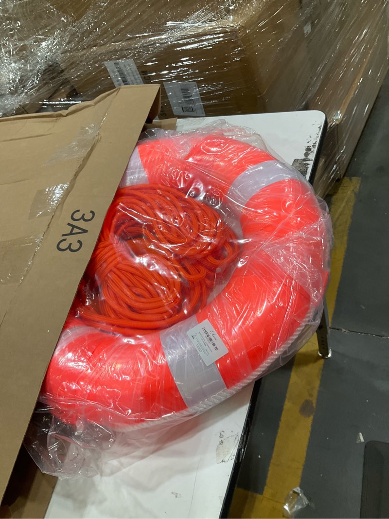 Condition photo showing Good Condition for calvana 20" foam life preserver ring with 98.4ft floating lifesaving rope, throwable flotation device, pool safety float, for buoy and swimming decoration, boat safety equipment 1pack blue