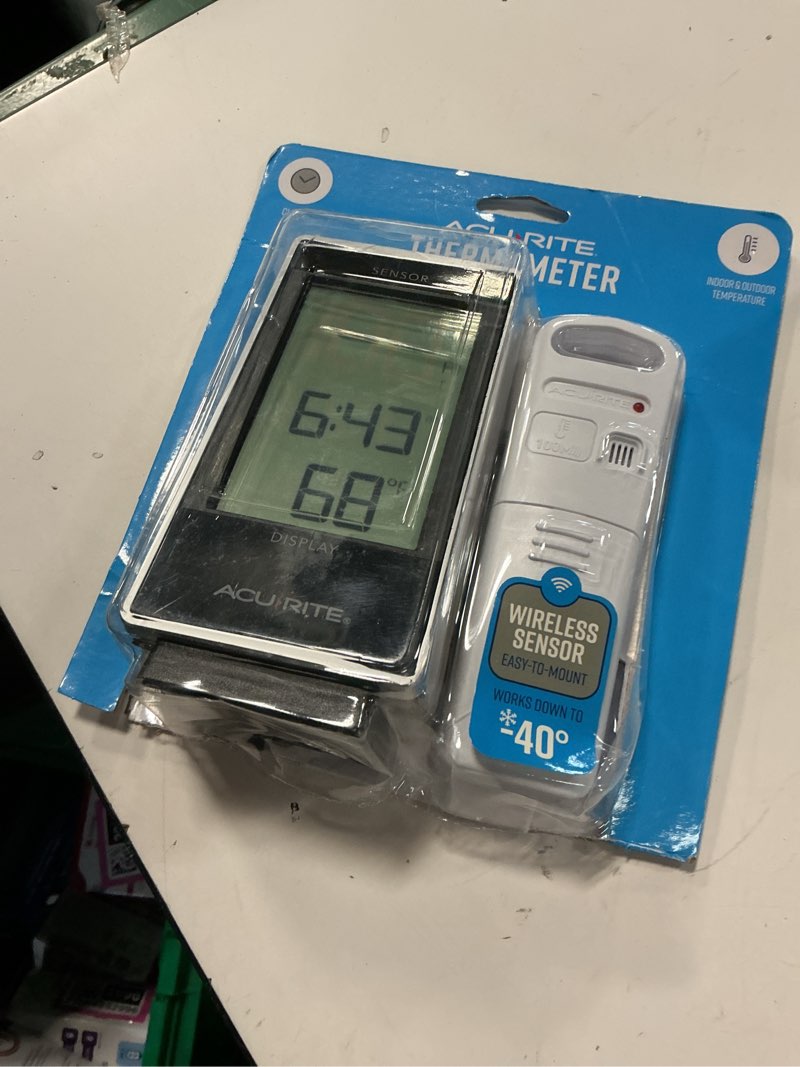 Condition photo showing Good Condition for acurite indoor and outdoor thermometer with temperature and clock; battery-powered  plastic (02059)