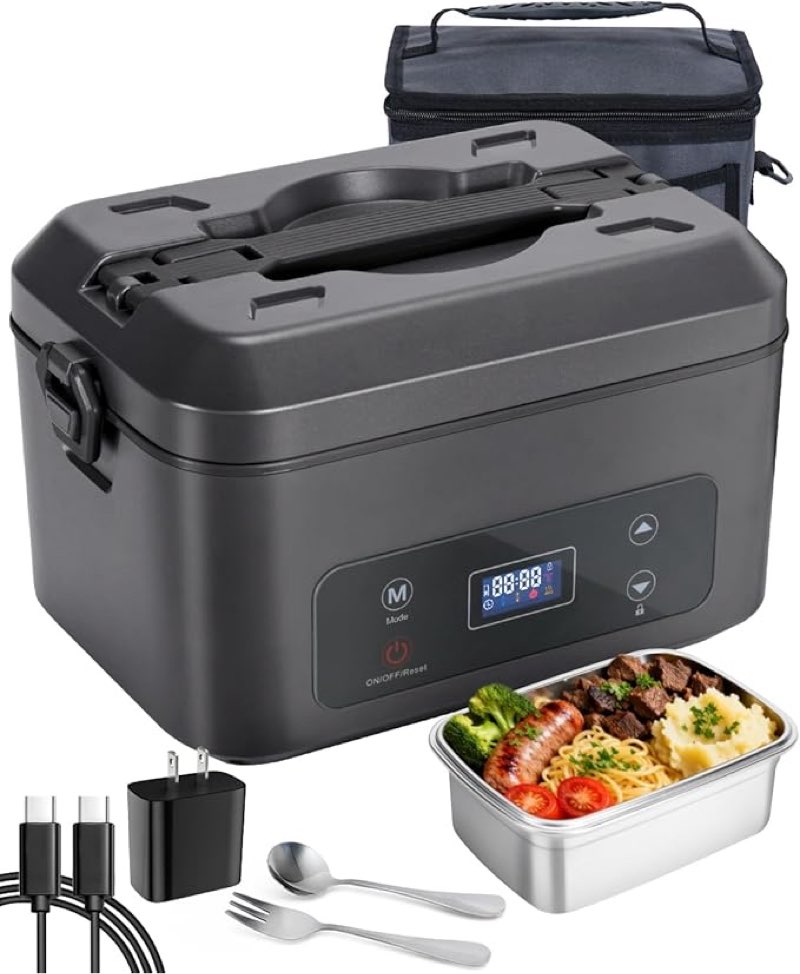 cordless electric lunch box for adults, heated lunch box battery powered with 5 side heating, portable food warmer with 5.5 cups removable container, self-heating food warmer for work,greyblack