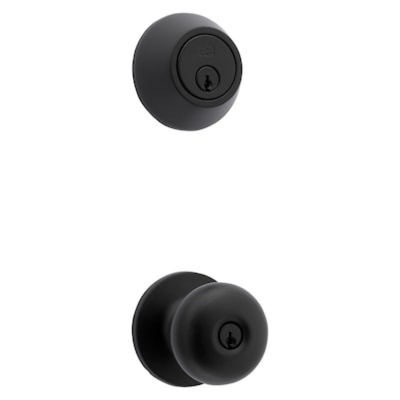 reliabilt baron matte black exterior single-cylinder deadbolt and keyed entry door knob