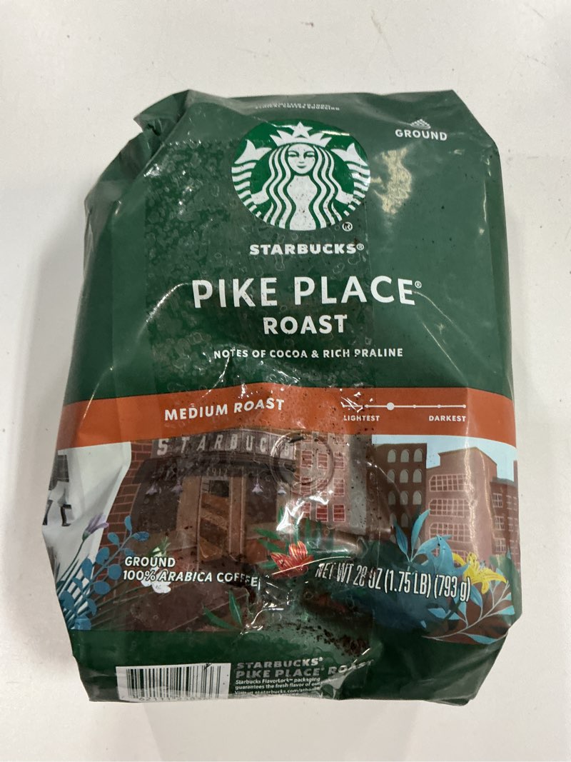 Condition photo showing Good Condition for Best by 07/31/25 Starbucks Ground Coffee, Medium Roast Coffee, Pike Place Roast, 100% Arabica, 1 Bag (28 Oz)