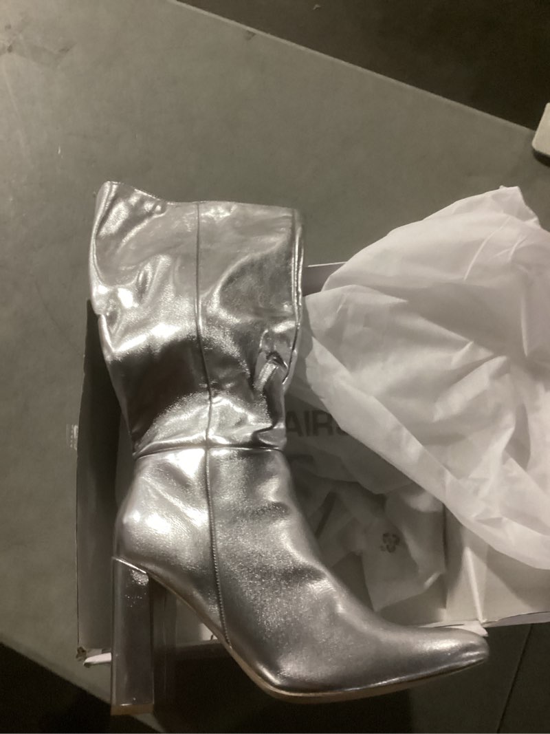 Condition photo showing Good Condition for dream pairs knee high boots women chunky heel pointed toe tall boots for women side zipper long boots 9.5 metallic silver