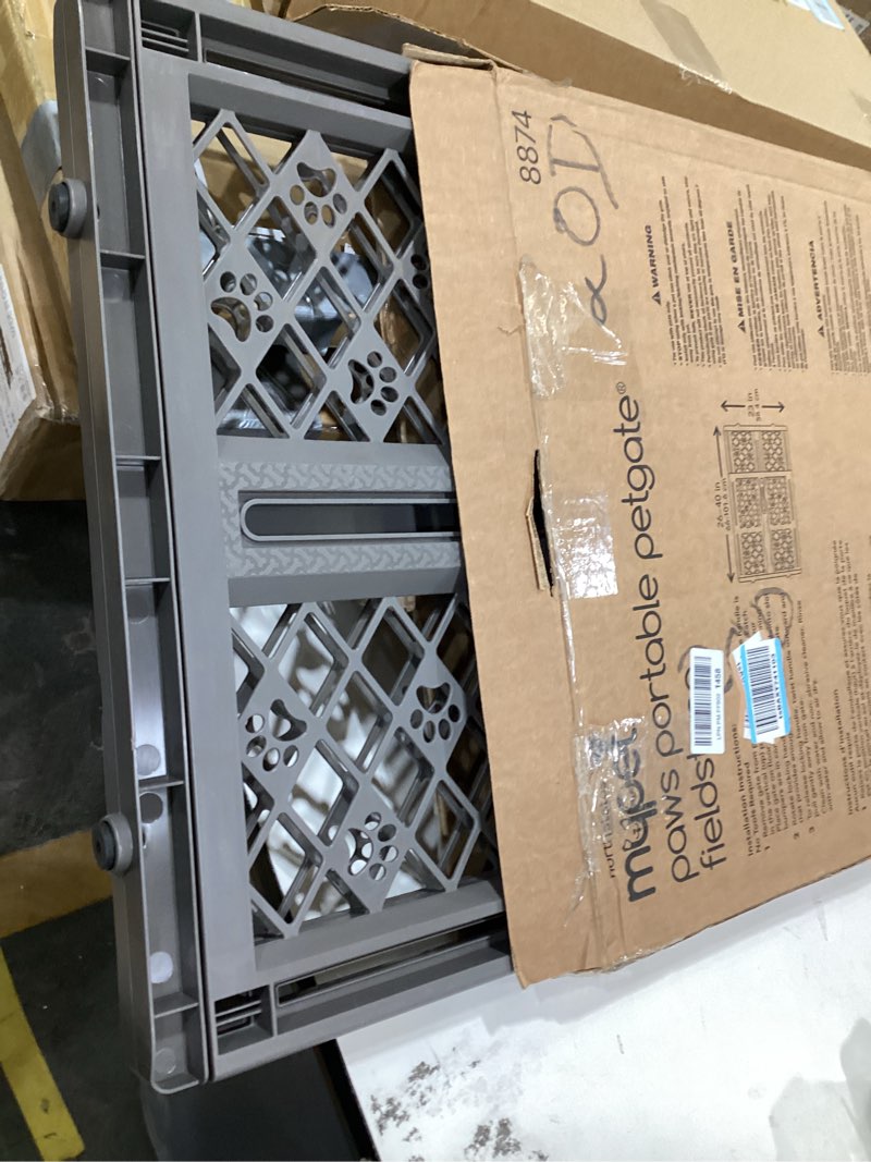 Condition photo showing As Is for MYPET North States Paws Portable Pet Gate: 26-40" Wide. Pressure Mount. No Tools Needed. Made in USA, 23" Tall, Expandable, Durable Dog Gates for Doorways, Fieldstone Gray