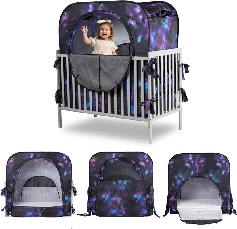 Poray Pop up Baby Privacy Bed Tent Sleeping Crib Tent Cover for Toddler,Blocks 80% Light with Monitor and Fan Pouch Design with Zipper Doors,Breathable Mesh Windows