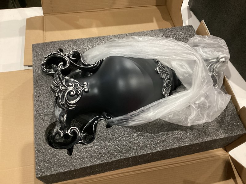 Condition photo showing Good Condition for gothic victorian resin vase with lace doily – waterproof 14" black/gold-silver finish vase for fresh & artificial flowers – goth home decor, black wedding table centerpiece black-gold