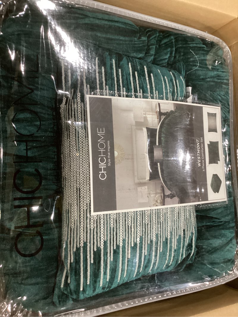 Condition photo showing New/Like New for Chic Home Westmont 4 Piece Comforter Set Crinkle Crushed Velvet Bedding - Decorative Pillow Shams Included, Queen, Green