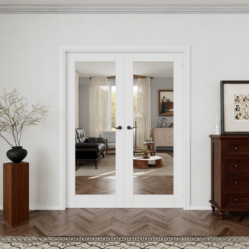 Interior Pantry French Doors Clear Glass 1-Lite Modern Solid Core Manufactured Wood Primed Double Door With Hardware / Frame 1 pcs 
