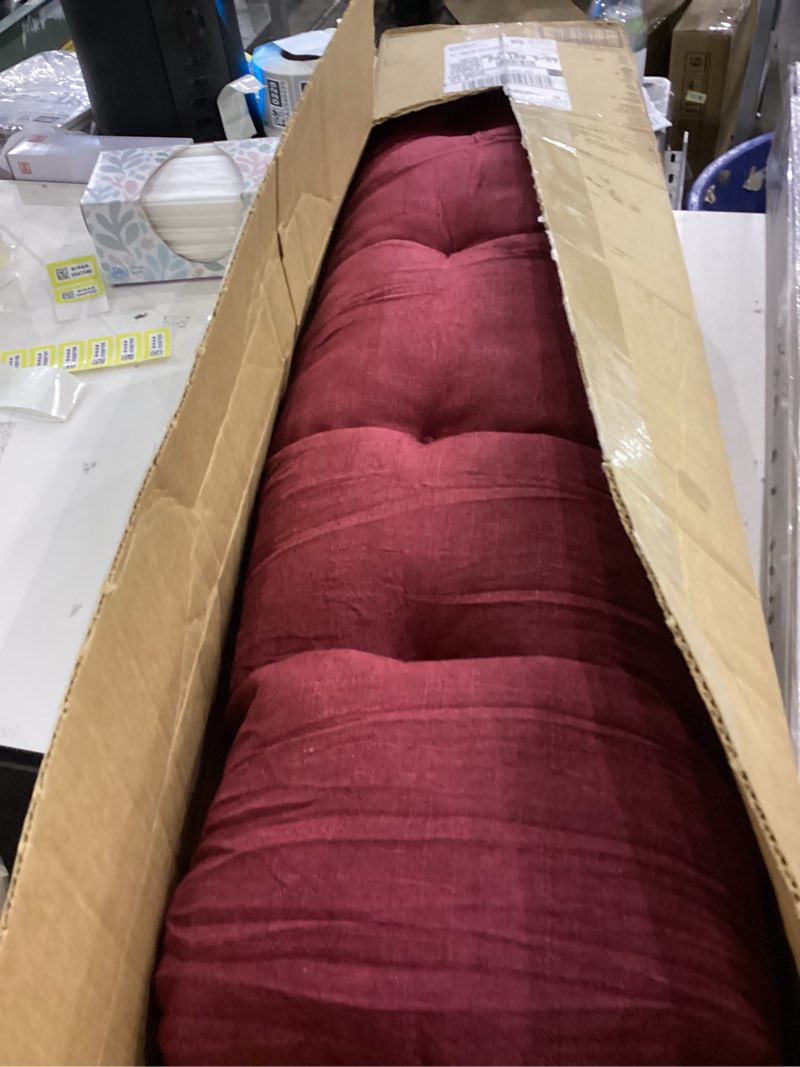 Condition photo showing Good Condition for Bench Cushion 27 inches,Indoor/Outdoor Non-Slip Tufted Cushions, Premium Waterproof Linen, Soft Piano Sofa Cushions, High-Density Memory Foam(Dark Red-27x12x4in) Dark Red 27x12x4in