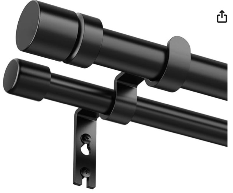 black double curtain rod, 30 to 56 inch dual curtain rods with aluminium modern end cap finials, 1 i