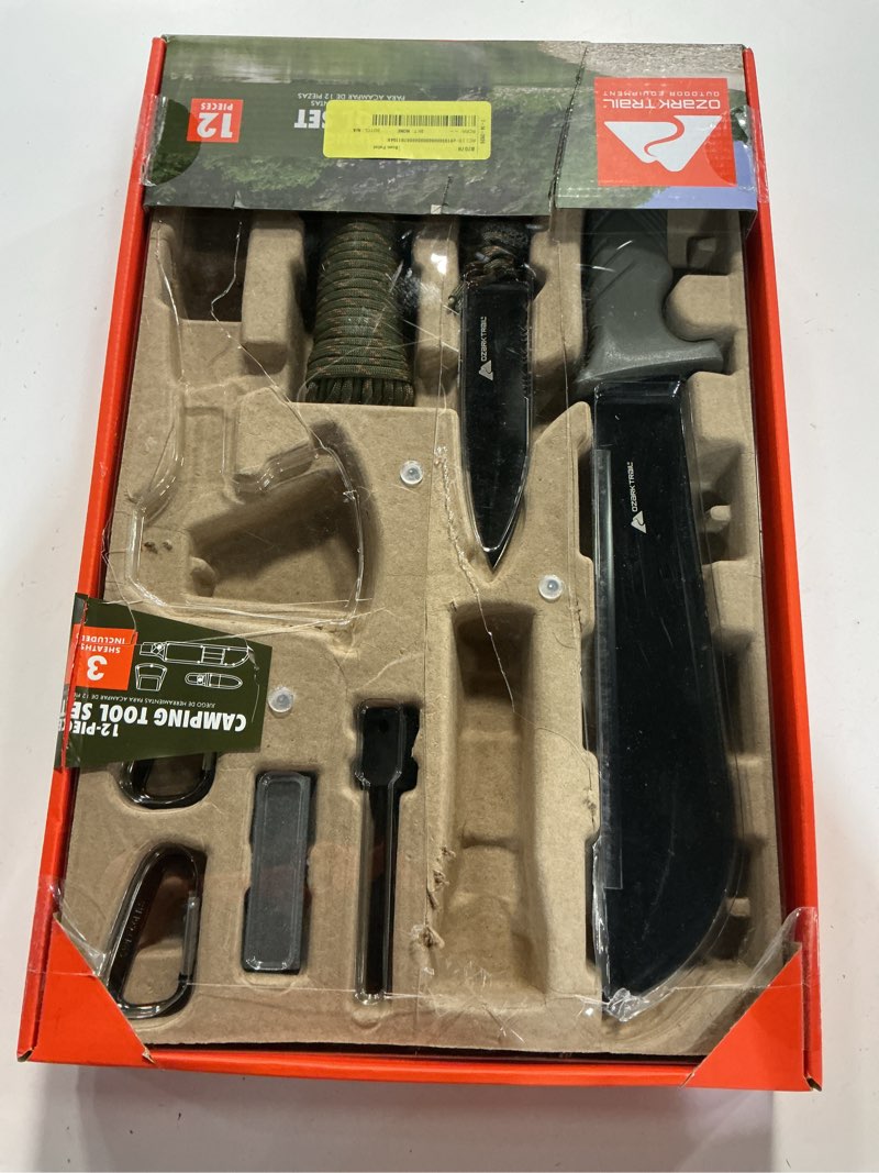Condition photo showing As Is for ozark trail 12 pack camping tool set with flashlight, machete, knife