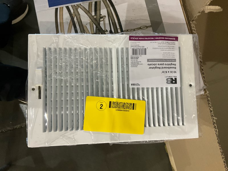 Condition photo showing As Is for reliabilt 10-in x 6-in 2-way steel white baseboard register ( outside width- 11.25-in )