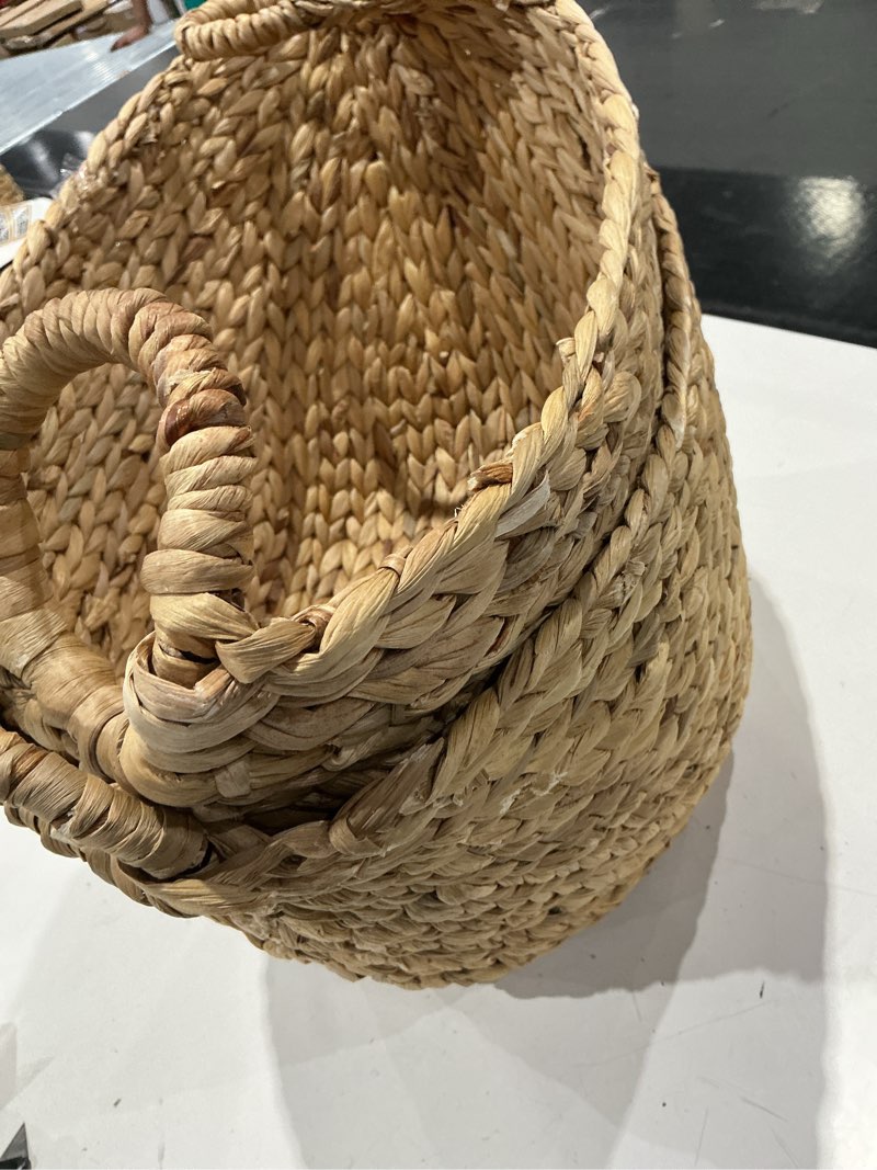 Condition photo showing As Is for deco 79 seagrass handmade decorative and functional storage basket large woven basket organizer with ring handles, basket for storage brown (we don’t know size)