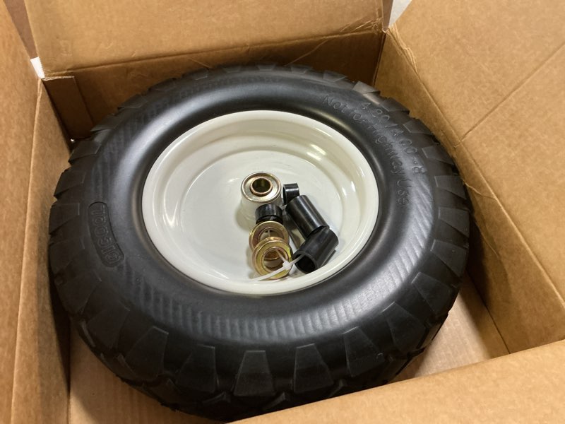 Condition photo showing New/Like New for 4.80/4.00-8" wheelbarrow tire, 16" flat-free solid tire and wheel, 3-6" centered hub, 5/8" & 3/4" bearing, for broadcast spreader garden wagon cart trolley dolly (1 pack)