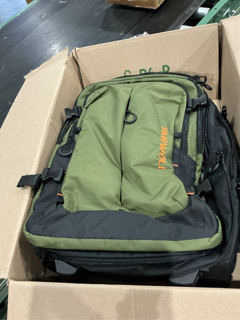Condition photo showing Good Condition for fanwoli rolling vacuum backpack travel with one-button compression,carry-on | 55l expandable | 2-in-1 design | built-in electric pump | 16 pockets | water resistant | fits 18” laptop green