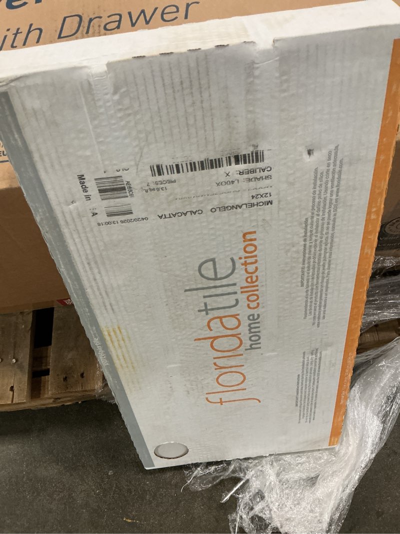 Condition photo showing As Is for michelangelo calacatta rectified 12 in. x 24 in. porcelain floor and wall tile (13.3 sq. ft. /case)