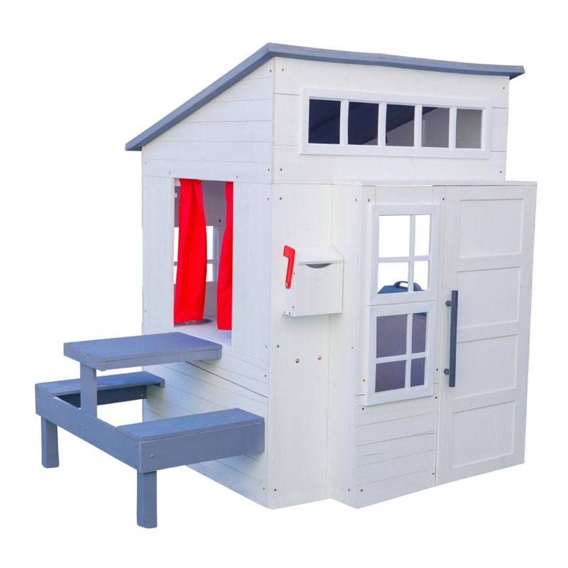 Modern Outdoor Wooden Playhouse With Picnic Table, Mailbox And Outdoor Grill, White & Raven