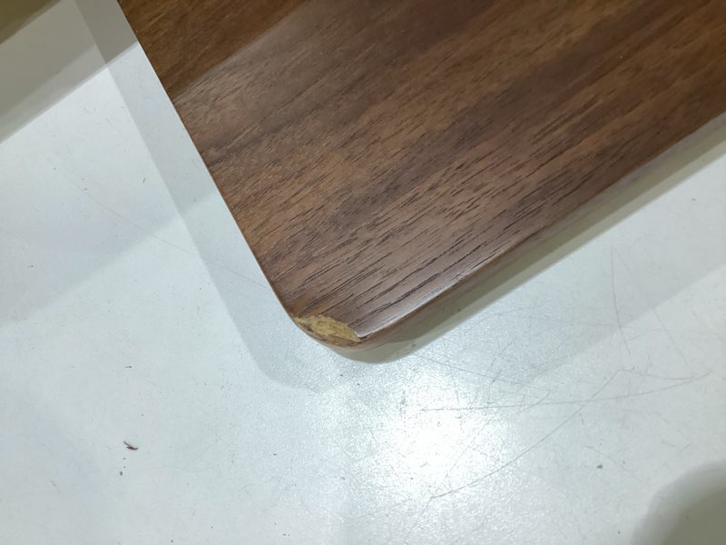 Condition photo showing As Is for walnut dual monitor stand riser - 43.3" extra long wooden monitor stand for 2 monitors, desk shelf organizer for imac, laptop & ultrawide displays, natural wood grain walnut wood 43.3 inches