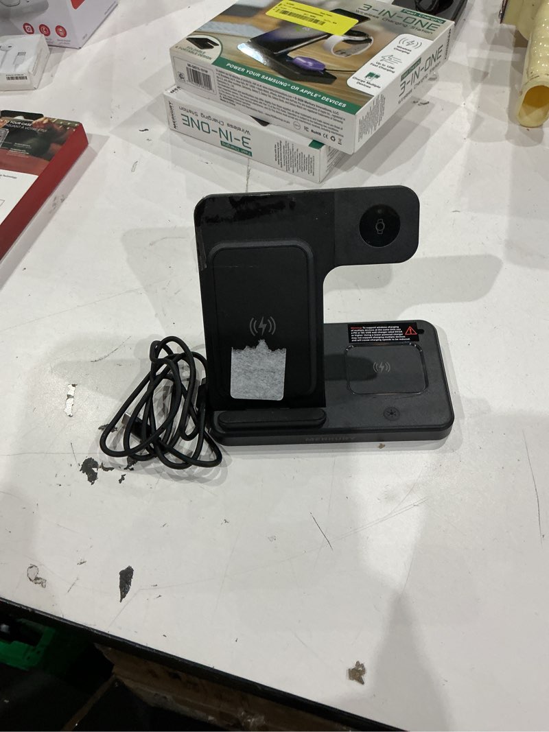 Condition photo showing As Is for merkury innovations 3-in-1 wireless charging station for iphone, apple watch, airpods, samsung galaxy phone, watch & buds – foldable, black