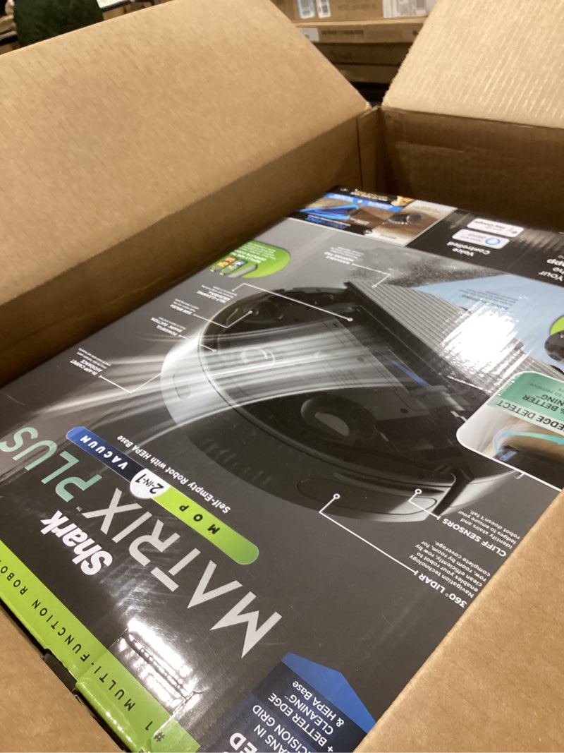 Condition photo showing As Is for Shark Matrix Plus Robot Vacuum and Mop with Self-Empty HEPA Base, Sonic Mopping, Matrix Clean, Home Mapping, HEPA Bagless Self Empty Base, CleanEdge, for Pet Hair, UR2650WS Wet and Dry Self-Empty (Black)