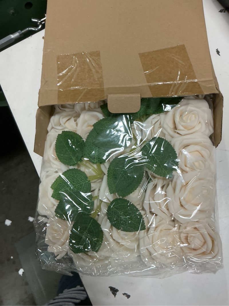Condition photo showing New/Like New for amyhomie artificial flowers champagne rose 50pcs real looking fake roses w/stem for diy wedding bouquets centerpieces arrangements party baby shower valentines day christmas tree decorations champagne 50