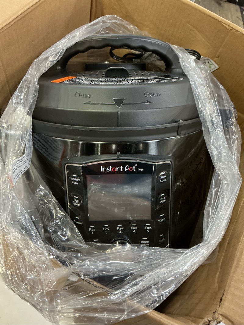 Condition photo showing As Is for Instant Pot Pro 10-in-1 Pressure Cooker, Slow Cooker, Rice/Grain Cooker, Steamer, Sauté, Sous Vide, Yogurt Maker, Sterilizer, and Warmer, Includes App With Over 800 Recipes, Black, 6 Quart 6 Quarts