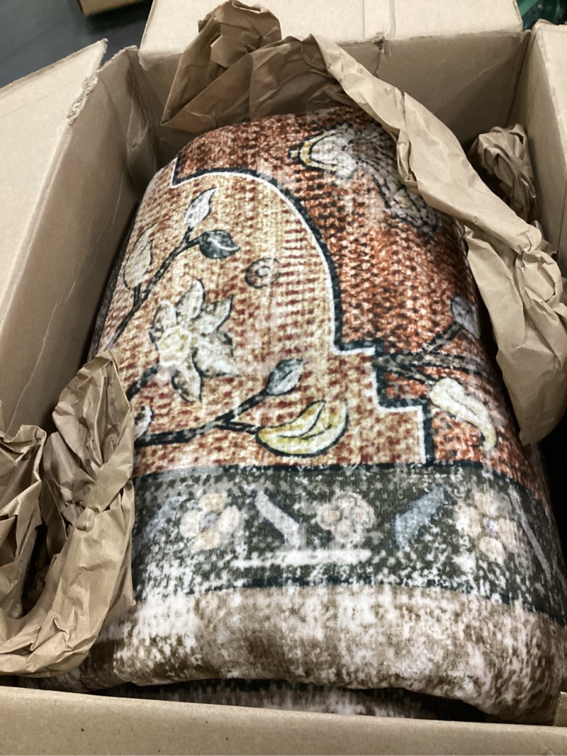 Condition photo showing Good Condition for releany area rugs 8'x10' washable vacuum-friendly, non-slip, floral vintage distress print pattern medallion carpet for living room bedroombrick red rust neutral brown burnt orange green brick/brown/green 8' x 10' (rectangular)