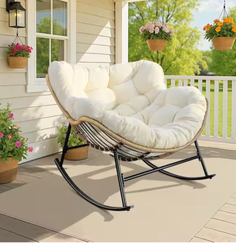 Oversized Beige PE Wicker Outdoor Rocking Chair Papasan Chair with Beige Cushion