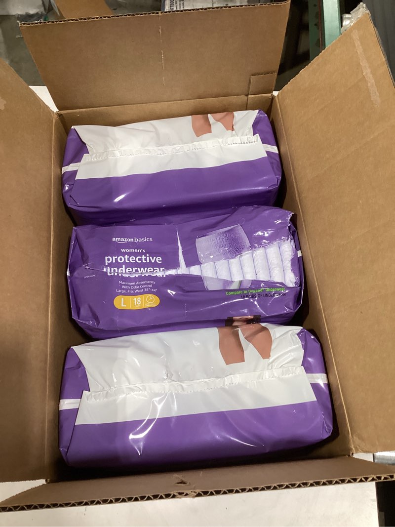 Condition photo showing New/Like New for Amazon Basics Incontinence Underwear for Women, Protective, Disposable, Postpartum, Maximum Absorbency, Large, Lavender, 54 Count (3 Packs of 18) Large 54.0