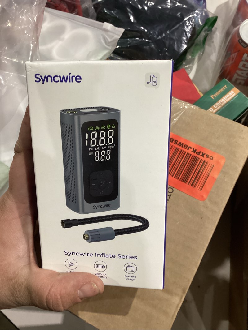 Condition photo showing item condition for Syncwire Tire Inflator Portable Air Compressor - 150PSI 2X Faster Inflation Smart Air Pump for Car Tires [Extra-Large LCD] with Digital Pressure Gauge, Auto Shut-Off for Car, Motorcycle, Bike & Balls Silver