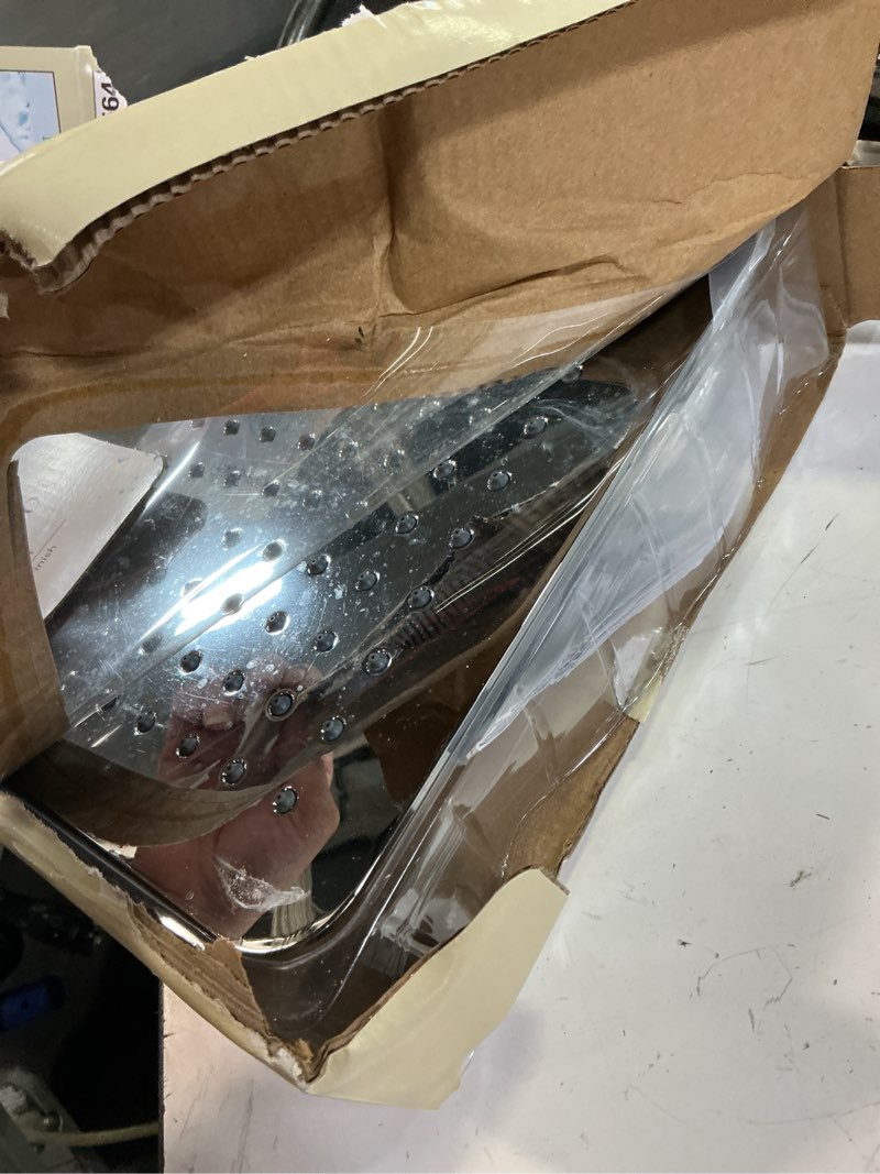 Condition photo showing As Is for allen + roth reign  chrome 10-in square fixed rain shower head 1.8 gpm