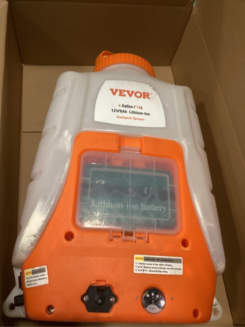 Condition photo showing As Is for vevor battery powered backpack sprayer, electric back pack sprayer 4 gallon, 2 wands & 8 nozzles, adjustable 0-90 psi, 4h runtime, portable lawn & garden sprayers for weeding, spraying, cleaning 4 gal pro backpack sprayer