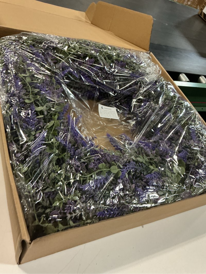 Condition photo showing New/Like New for 32'' Large Eucalyptus and Lavender Wreath for Front Door, Porch, Window- Artificial Eucalyptus Leaves with Lavender Wreath for Home, Farmhouse Wall Decor- Spring, Summer, Fall, All Seasons (Purple) 32"