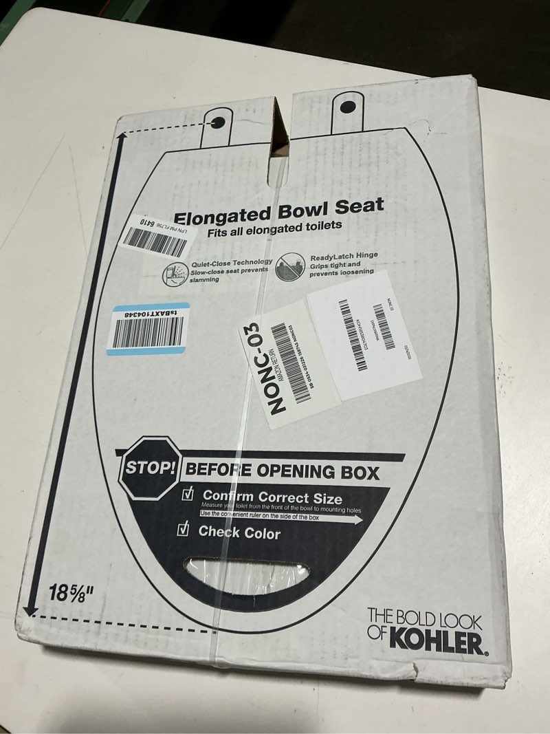 Condition photo showing New/Like New for kohler 4636-rl-0 cachet readylatch elongated toilet seat slow close, soft close toilet seat quiet lid, contoured grip-tight bumpers installation hardware, apartment essentials, white white elongated ready latch
