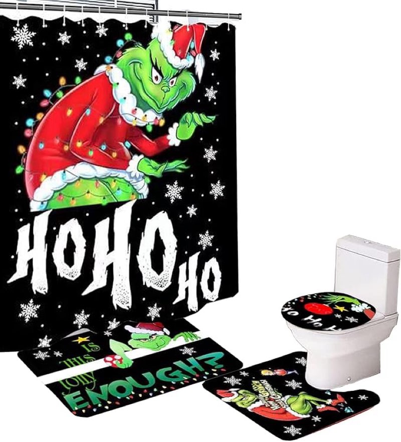 (Similar photo) Merry Christmas Bathroom 4-Piece Set, Shower Curtain, Non-Slip Rug, Toilet Seat Cover and Bath Mat C