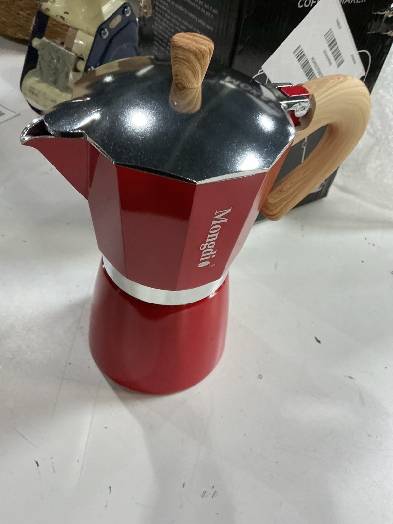 Condition photo showing Good Condition for Mongdio Stovetop Espresso Maker Moka Pot, Cuban Coffee Maker Stove top coffee maker Moka Italian Espresso Greca Coffee Maker Brewer Percolator, 9 Espresso Cups, 15 oz - Red Red 9 cup