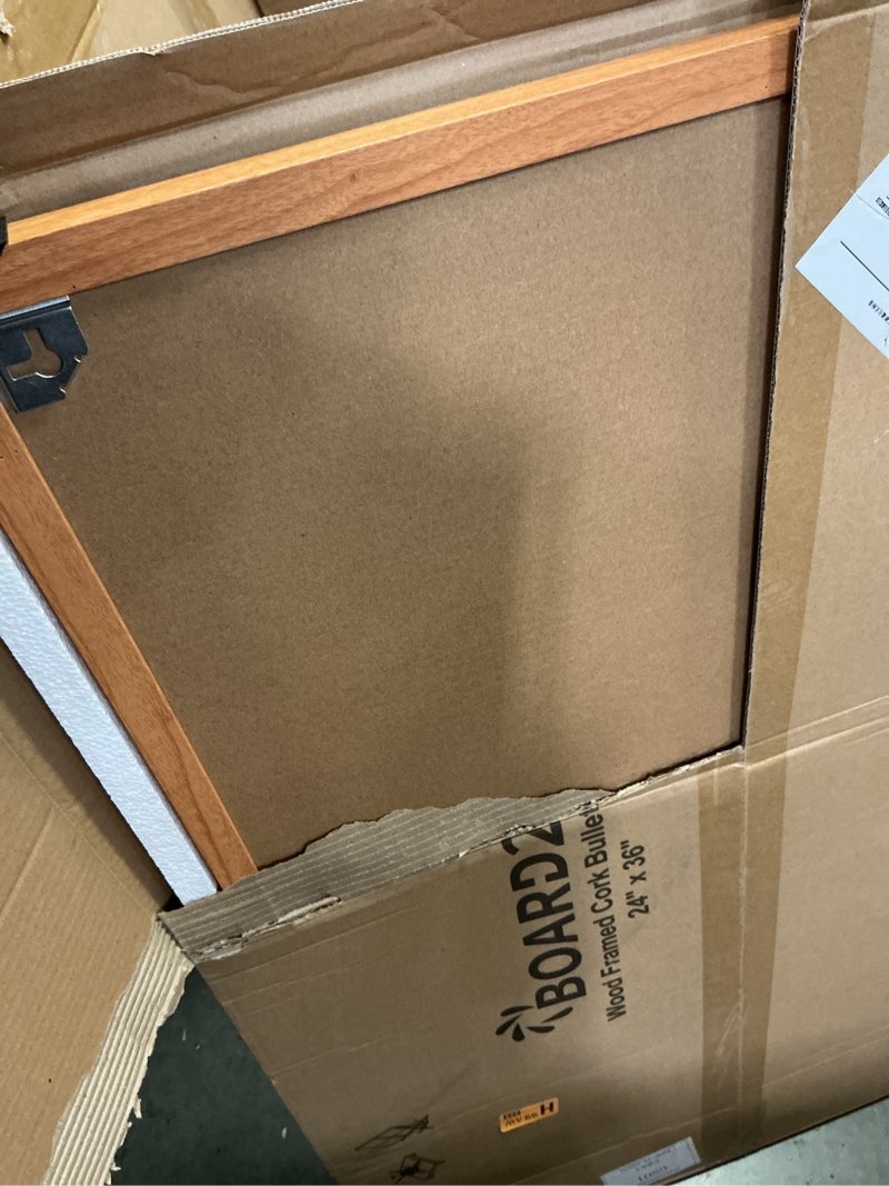 Condition photo showing Good Condition for board2by cork board bulletin board 24 x 36, wood framed corkboards for wall decor, hanging office message board, large wall mounted notice pin board with 15 push pins for school, home & office 1 pack 24" x 36"
