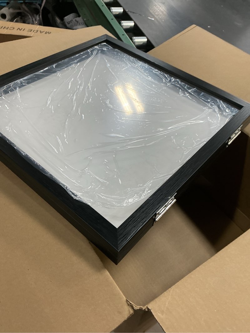 Condition photo showing As Is for (similar )1 pack t shirt display frame, 11.3'' x 11.3'' black imitation wood t shirt frame with 98% uv protection acrylic, 1\" depth of usable space shadow box, display case for shirts, jerseys, memorabilia 1 13'' x 13''