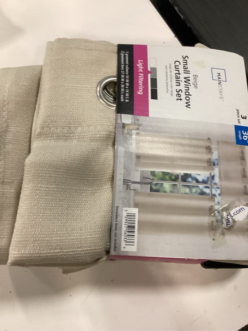 Condition photo showing Good Condition for mainstays solid semi sheer curtain tier pair and valance set  3 piece ready made kitchen curtains  beige  54  w x 36  l