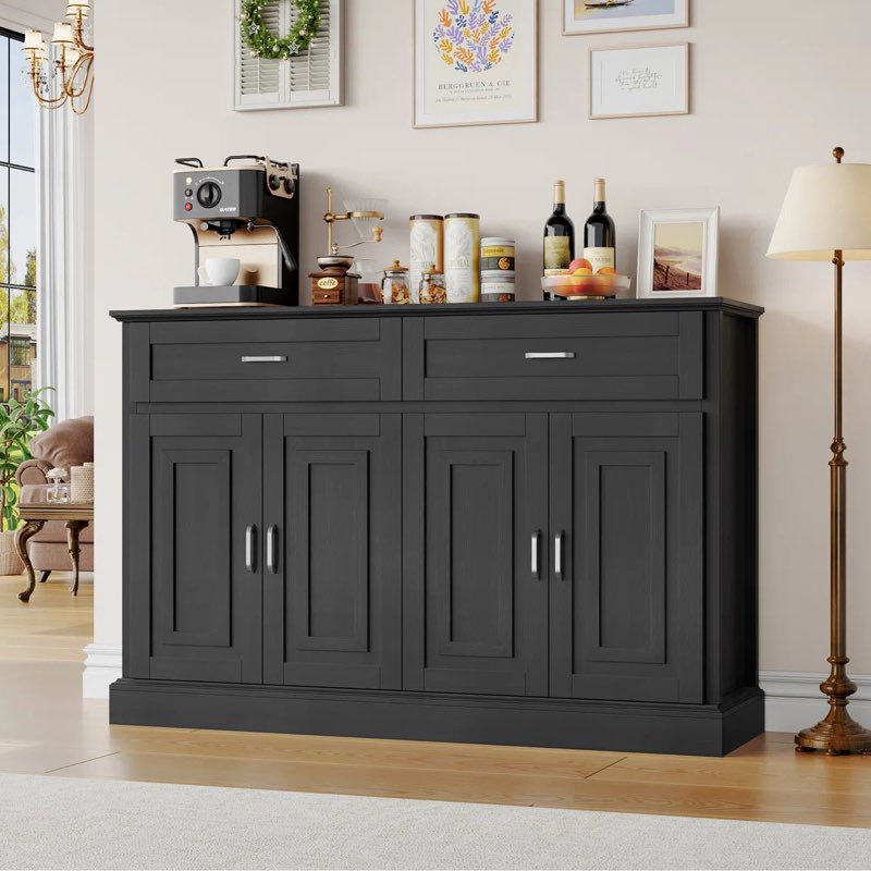 Gaume 55.1'' W Kitchen Sideboard with 2 Wide Drawers, Adjustable Shelves Color: Black