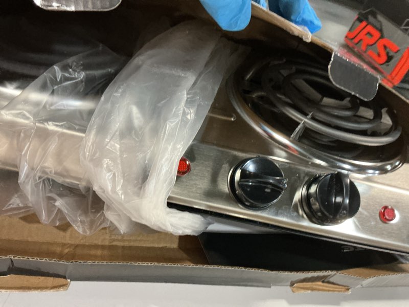 Condition photo showing Good Condition for ovente electric countertop double burner, 1700w cooktop with 6" and 5.75" stainless steel coil hot plates, 5 level temperature control, indicator lights and easy to clean cooking stove, silver bgc102s bgc102s - silver
