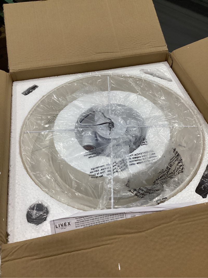 Condition photo showing New/Like New for Livex Lighting 51085-92 4-Light Semi Flush Mount Ceiling Fixture with Oatmeal Color Fabric Hardback Drum Shade and Satin White Diffuser, English Bronze