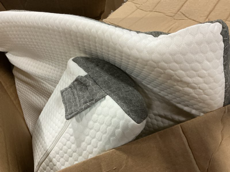 Condition photo showing As Is for yojoker wedge pillow for sleeping - 12 inch bed wedge pillow with memory foam headrest, triangle pillow for sitting up in bed, elevated back & leg support cushion with washable cover, white grey grey foam 24x24x12"| with headrest