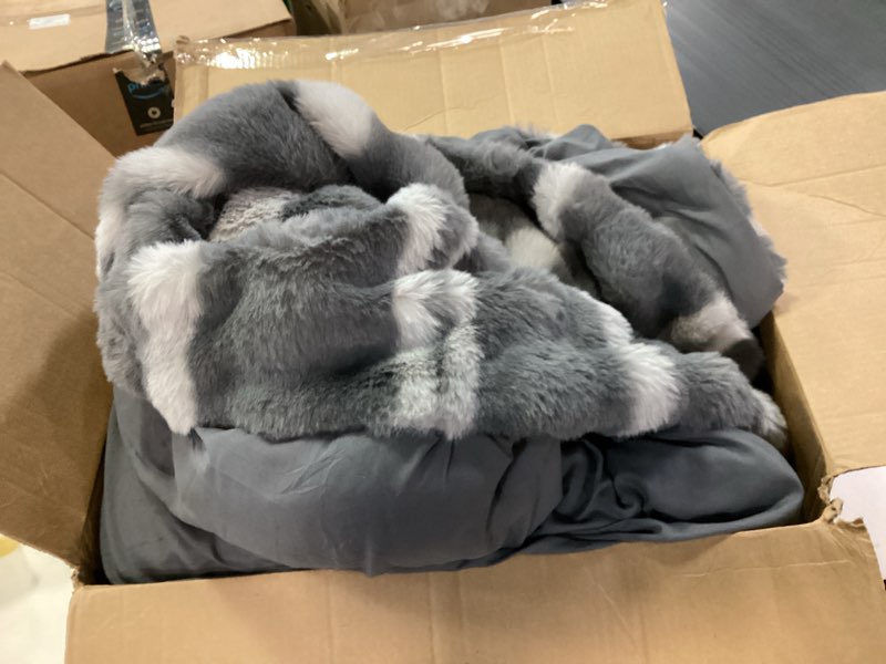 Condition photo showing As Is for Wonderful 3 Pieces Fluffy Faux Rabbit Fur Comforter Set King Size, Dark Gray Plush Fuzzy Bedding Set, Animal Stripes Design Warm Soft Comforter Bedding Set for All Season,104"x94" Striped-grey King