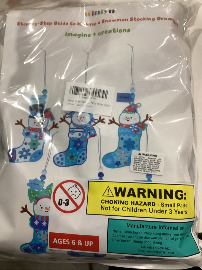 Condition photo showing New/Like New for Winlyn 24 Sets Winter Decorations DIY Snowman Stocking Ornaments Christmas Craft Kits Foam Stocking with Festive Snowman Snowflake Foam Stickers for Kids Holiday Classroom Activities Party Favors