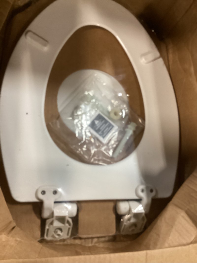 Condition photo showing Good Condition for mayfair ashton easy to clean single hinge toilet seat, modern slow close wood toilet seat, made in usa, elongated, white elongated modern hinge