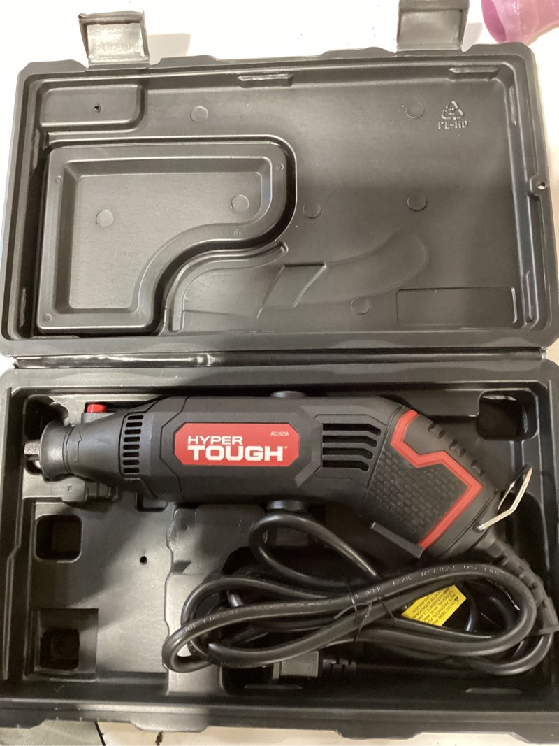Condition photo showing As Is for hyper tough 1.5 amp corded rotary tool, variable speed with storage case, 120 volts