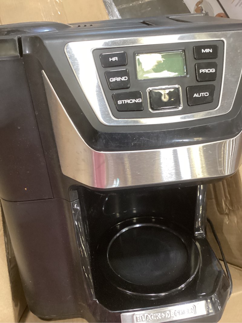 Condition photo showing As Is for black and decker black+decker 12-cup mill and brew coffeemaker, black, cm5000b 12-cup coffee system