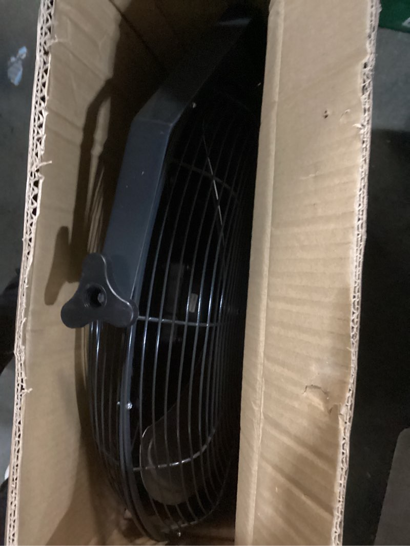 Condition photo showing Good Condition for Amazon Basics 18" Indoor Wall-Mounted Industrial Fan with Three Speeds, High CFM, Heavy-Duty Metal Blades, Tilt Head, for Commercial Use, Warehouse, Basement, Black Wall Mounted Fan