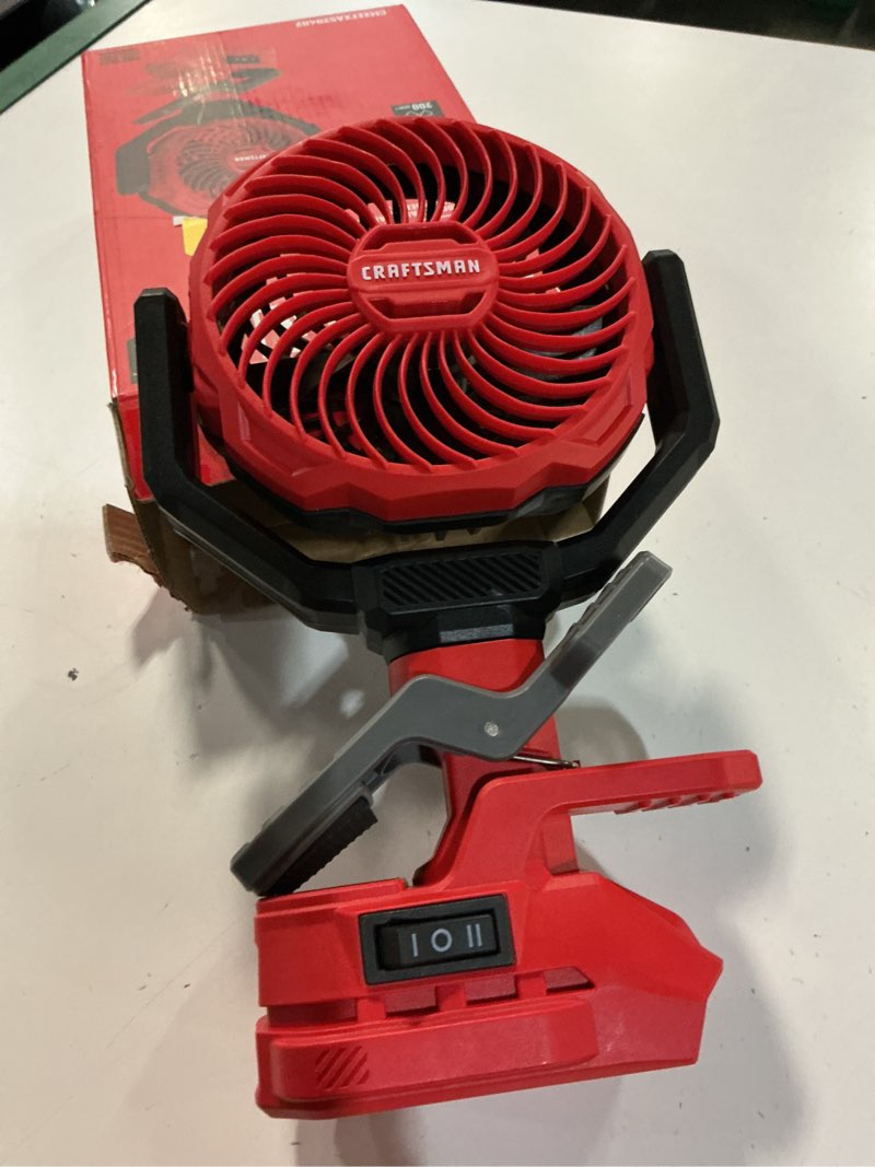 Condition photo showing As Is for craftsman 4-in indoor desk fan, battery powered, in red and black